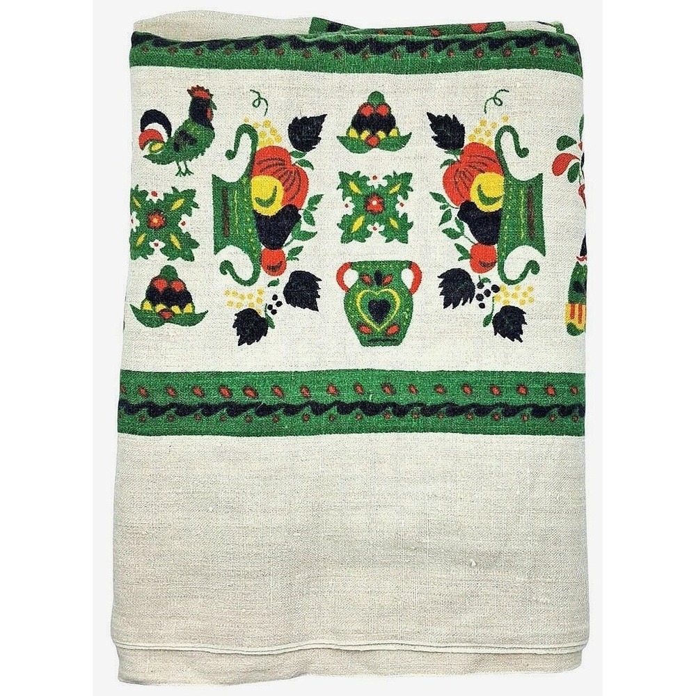 Folk Art Unbranded Linen Rectangular Tablecloth 56x80 Cream Green Red Rooster